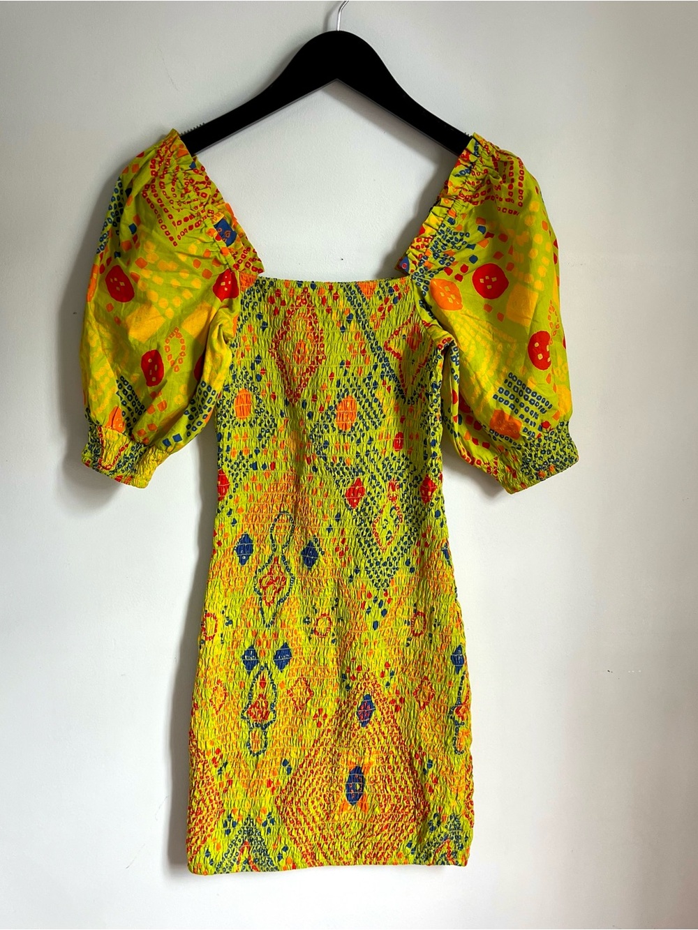 RHODE $590 100% Cotton Yellow Smocked Puff-Sleeve Mini Dress